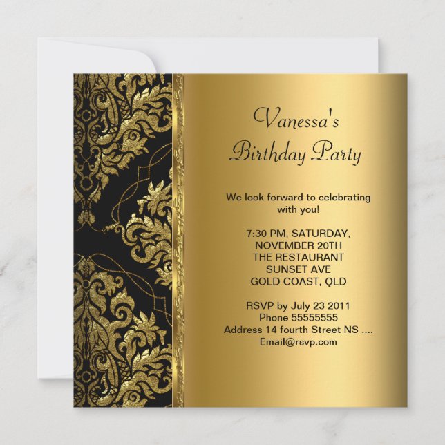 Elegant Birthday Party Gold Black Damask Floral Invitation (Front)