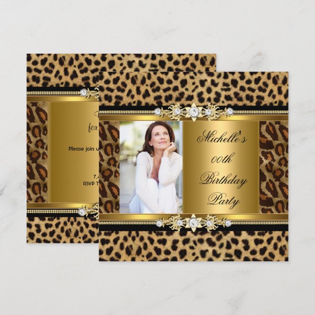 Elegant Birthday Party Gold Black Leopard Invitation (Front/Back)
