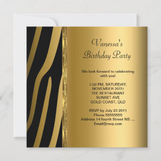 Elegant Birthday Party Gold Black Zebra Stripe Invitation