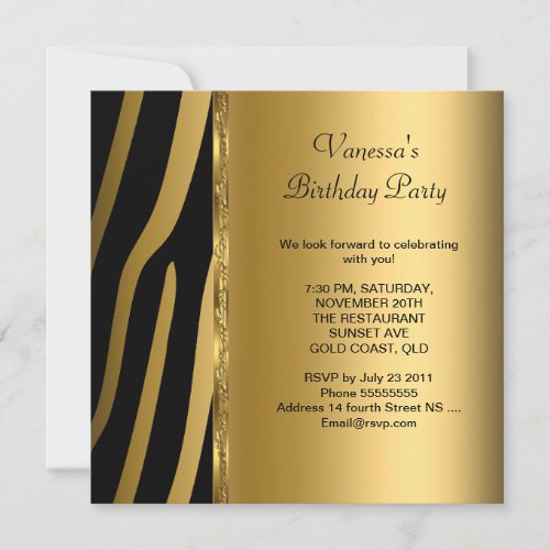 Elegant Birthday Party Gold Black Zebra Stripe Announcements
