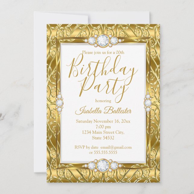 Elegant Birthday Party Gold Diamond Gem Invitation (Front)