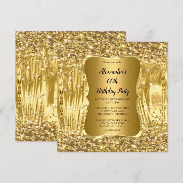 Elegant Birthday Party Gold Glitter Confetti Invitation (Front/Back)