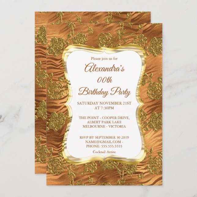 Elegant Birthday Party Gold Rust Copper Damask Invitation (Front/Back)