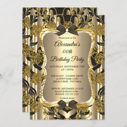 Elegant Birthday Party Gold Sepia Black Damask Invitation