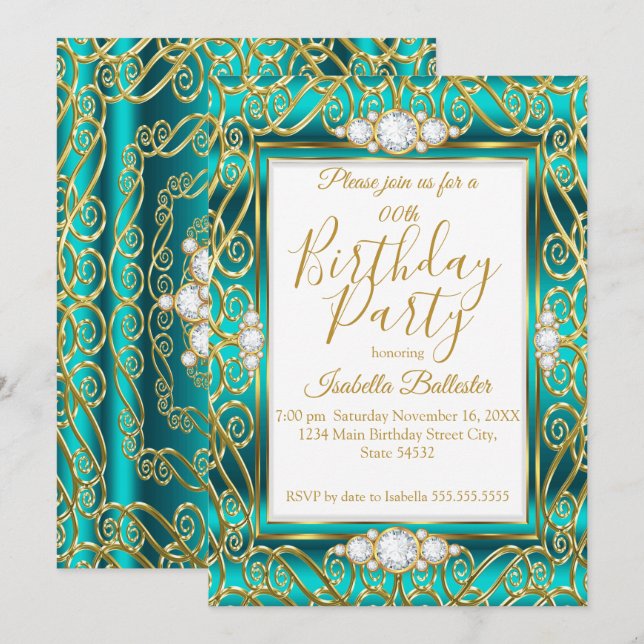 Elegant Birthday Party Gold Teal Jade Diamond Invitation (Front/Back)