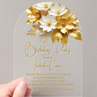 Elegant Birthday Party Gold White Flowers Floral Acrylic Invitations