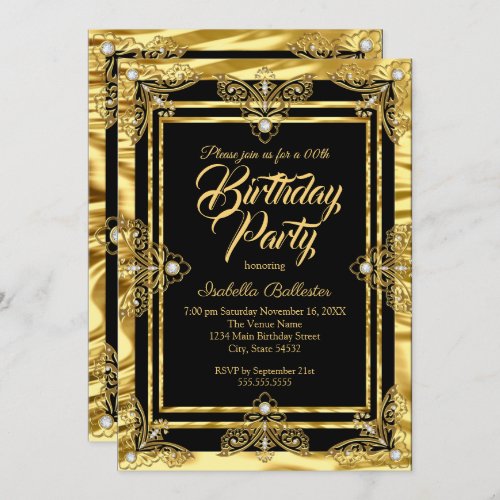 Elegant Birthday Party Golden Black Gold Gems Invitation