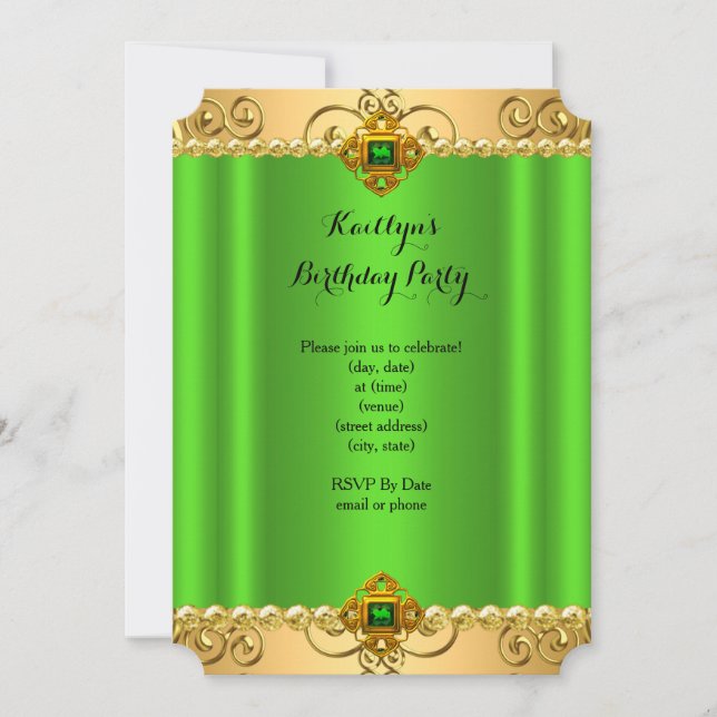 Elegant Birthday Party Green Lime Damask Gold C2 Invitation (Front)