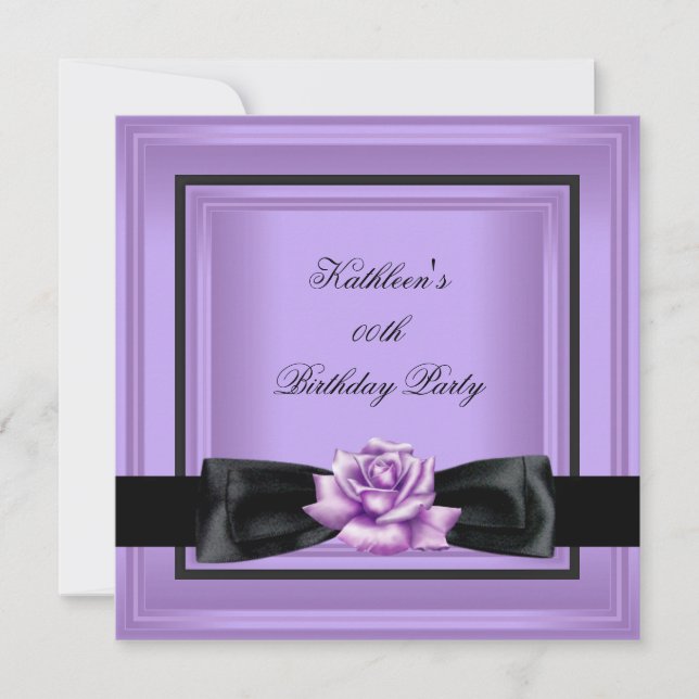 Elegant Birthday Party Lilac Purple Rose Black Invitation (Front)