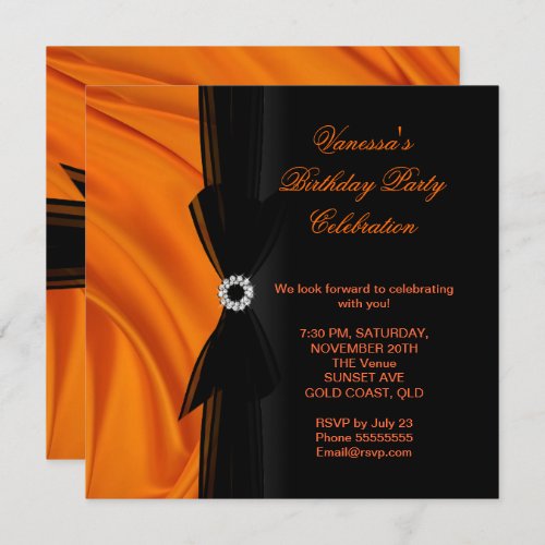 Elegant Birthday Party Orange Silk Black Invitation