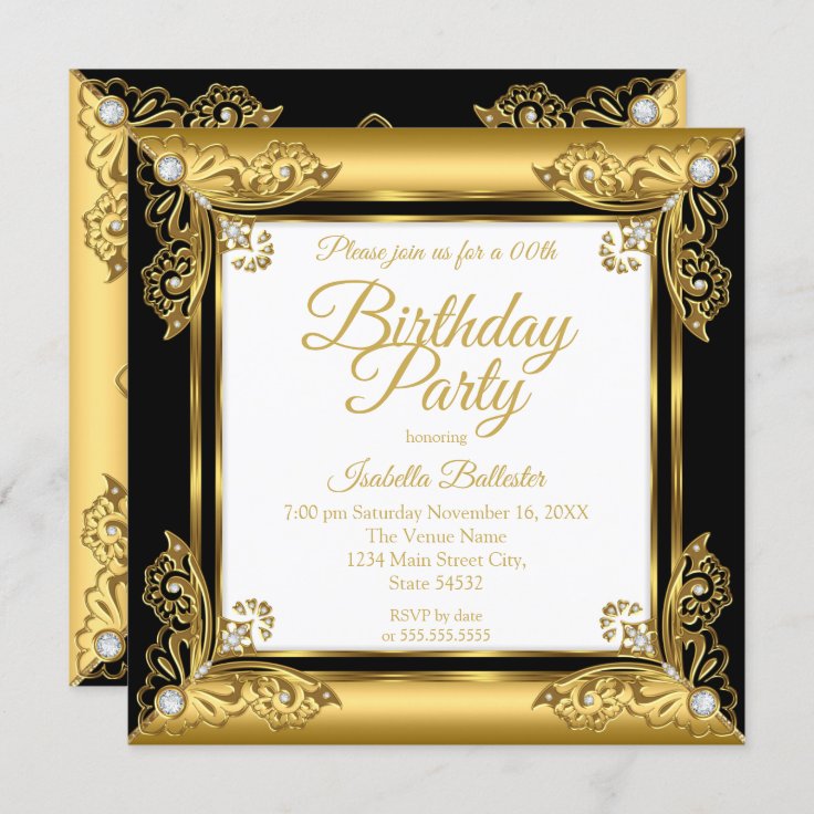 Elegant Birthday Party Ornate Black Gold Diamond Invitation | Zazzle