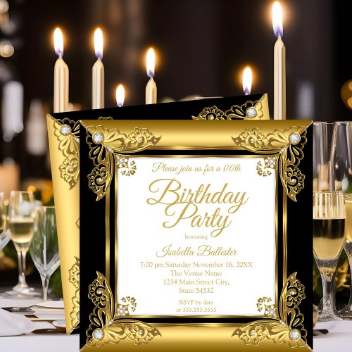 Elegant Birthday Party Ornate Black Gold Diamond Invitation