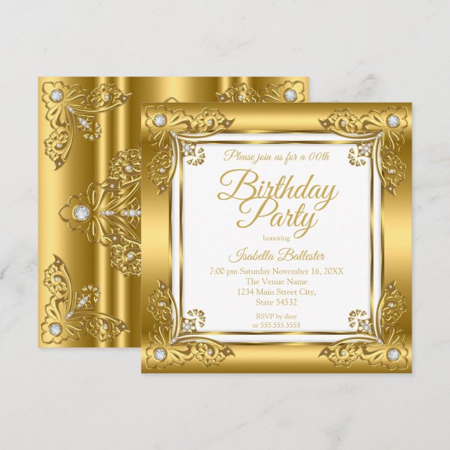Elegant Birthday Party Ornate Gold Diamond Gem Invitation (Front/Back)