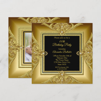 Elegant Birthday Party Photo Black Gold Frame Invitation