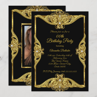 Elegant Birthday Party Photo Gold Frame Black Invitation