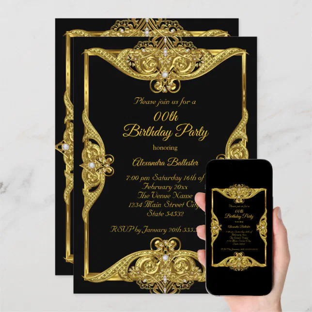 Elegant Birthday Party Photo Gold Frame Black Invitation | Zazzle