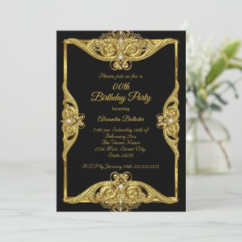 Elegant Birthday Party Photo Gold Frame Black Invitation | Zazzle