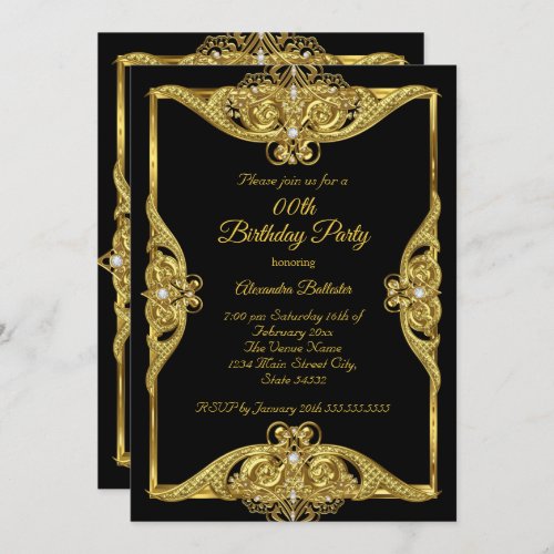 Elegant Birthday Party Photo Gold Frame Black Invitation