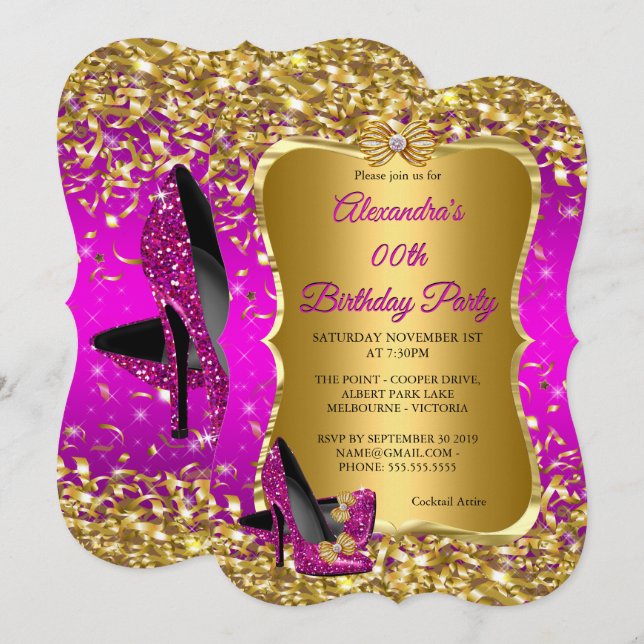 Elegant Birthday Party Pink Magenta Gold High Heel Invitation (Front/Back)