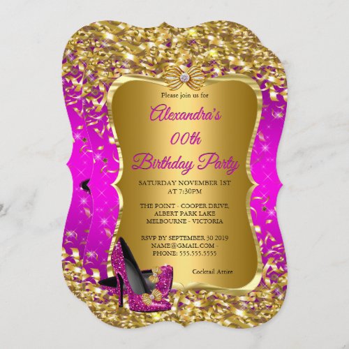 Elegant Birthday Party Pink Magenta Gold High Heel Invitation