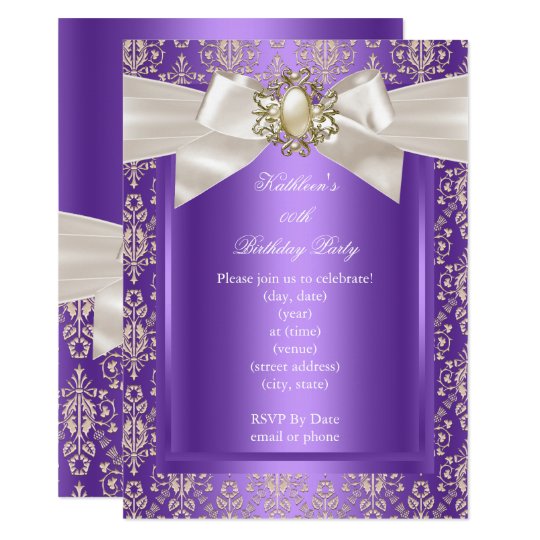 Elegant Birthday Party Purple Damask Pearl Cream Invitation | Zazzle.com