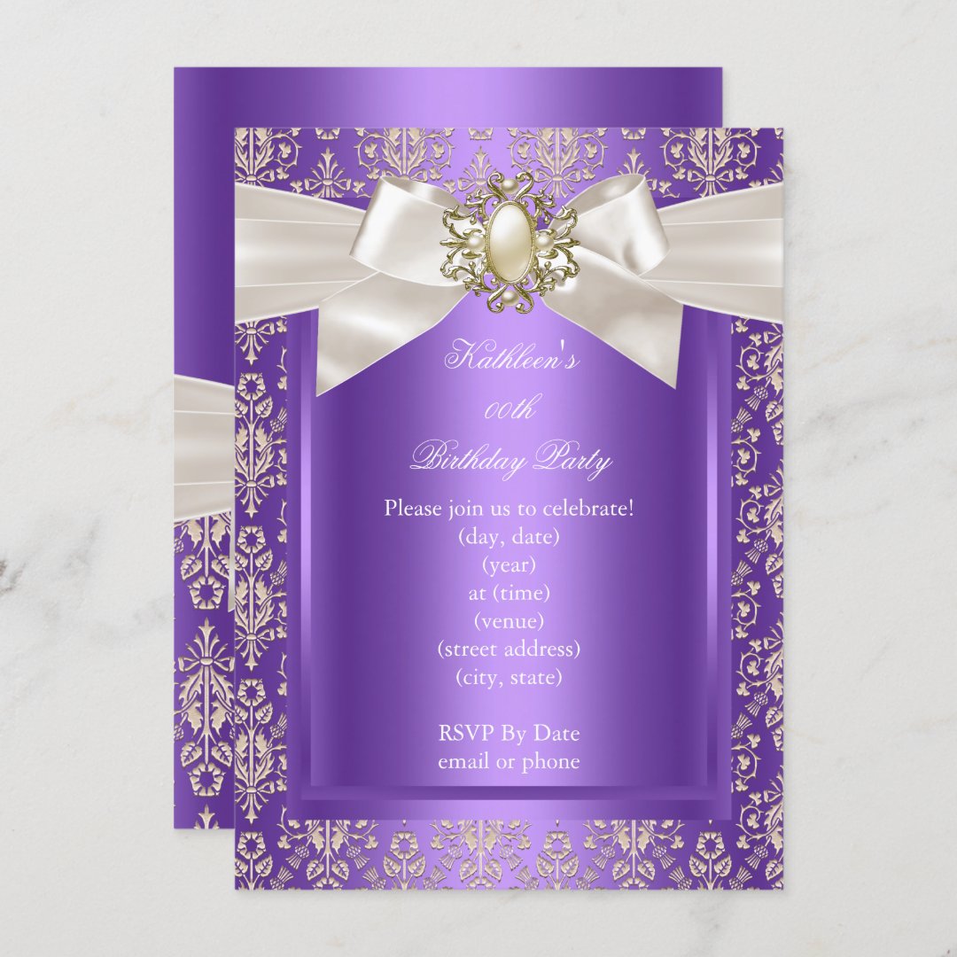 Elegant Birthday Party Purple Damask Pearl Cream Invitation | Zazzle