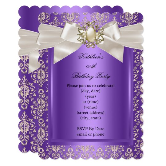 Elegant Birthday Party Purple Damask Pearl Scall Invitation 