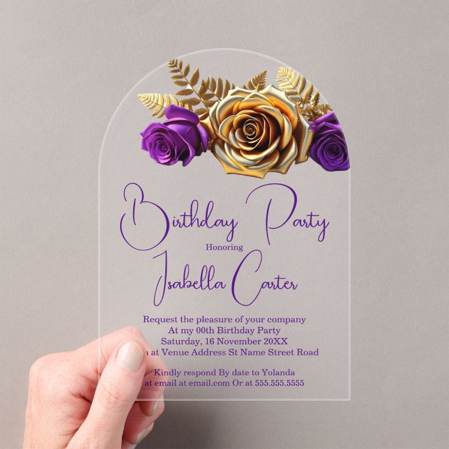 Elegant Birthday Party Purple Gold Flowers Acrylic Invitations (Creator Uploaded)