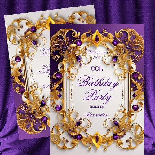 Elegant Birthday Party Purple jewel White Gold Invitation