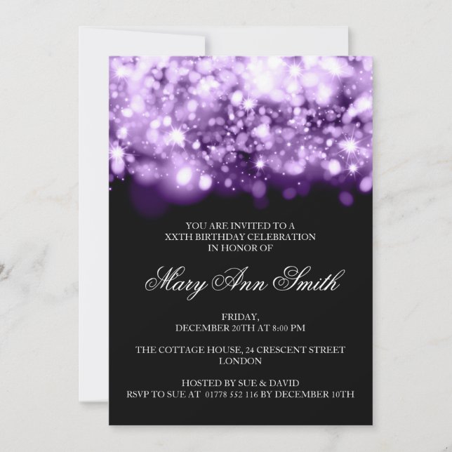 Elegant Birthday Party Purple Sparkling Lights Invitation (Front)