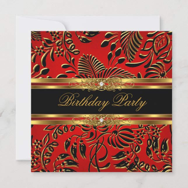 Elegant Birthday Party Red Black Gold Damask Invitation (Front)