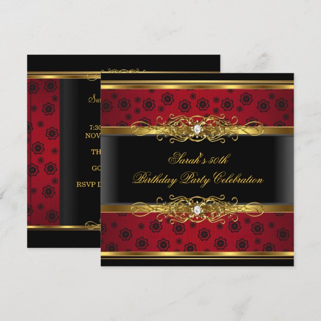 Elegant Birthday Party Red Black Gold Lace Invitation (Front/Back)