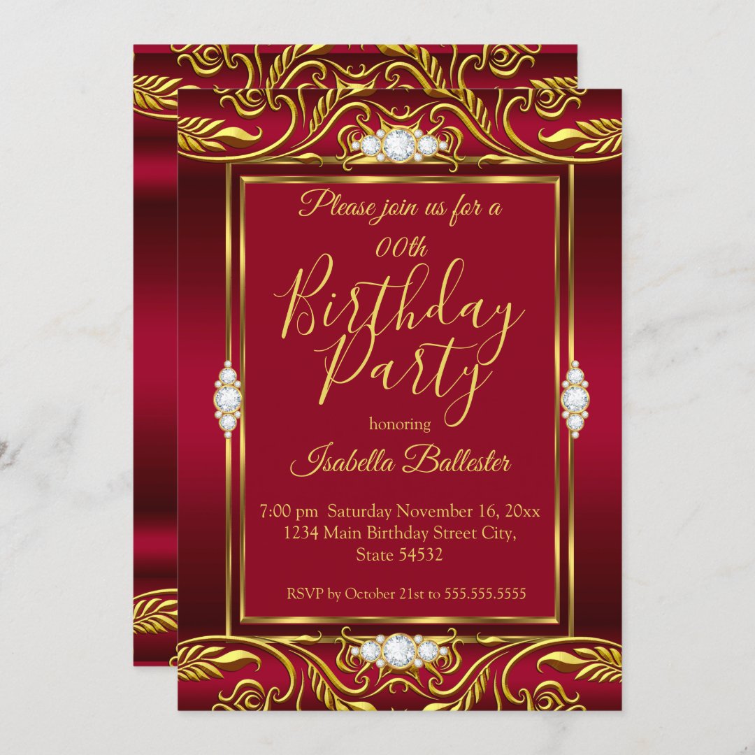 Elegant Birthday Party Red Burgundy Gold Jewels Invitation | Zazzle