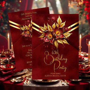 Elegant Birthday Party Red Floral Faux Velvet Gold Invitation