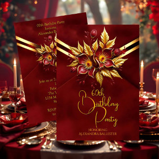 Elegant Birthday Party Red Floral Faux Velvet Gold Invitation