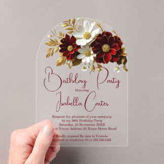 Elegant Birthday Party Red White Gold Flowers Acrylic Invitations