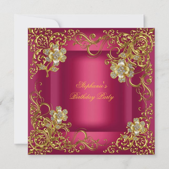 Elegant Birthday Party Rich Pink Gold Flower Invitation (Front)
