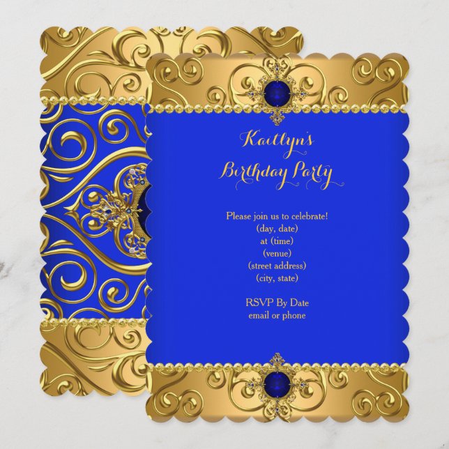 Elegant Birthday Party Royal Blue Damask Gold B Invitation (Front/Back)