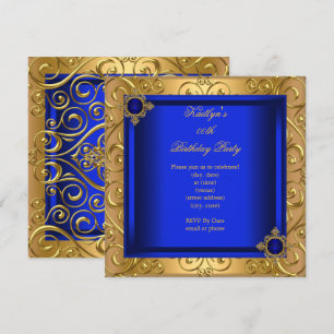 Elegant Birthday Party Royal Blue Damask Gold Invitation