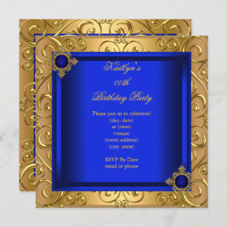 Elegant Birthday Party Royal Blue Damask Gold Invitation