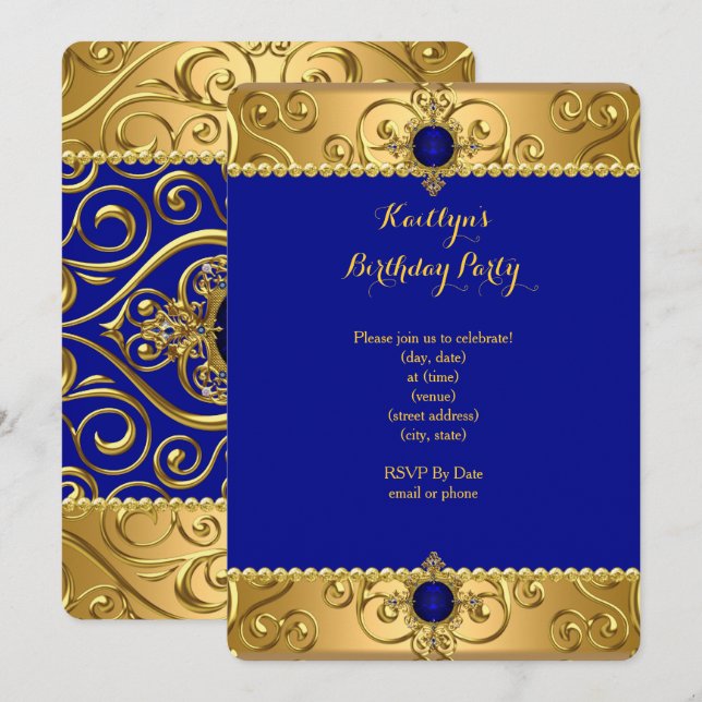 Elegant Birthday Party Royal Blue Damask Gold R Invitation (Front/Back)