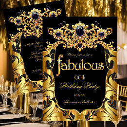 Elegant Birthday Party Silk Gold Black Damask Gems Invitation