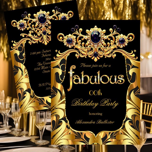 Elegant Birthday Party Silk Gold Black Damask Gems Invitation (Creator Uploaded)