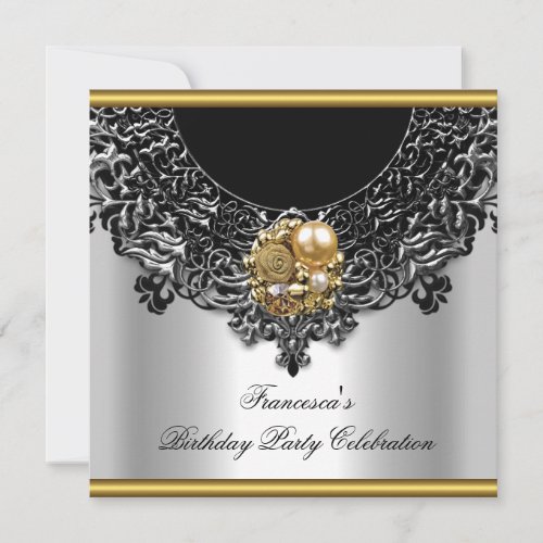 Elegant Birthday Party Silver Black Gold Jewel Invitation