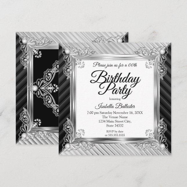 Elegant Birthday Party Silver Chrome Black Diamond Invitation (Front/Back)