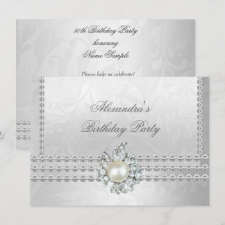 Elegant Birthday Party Silver White Diamond Pearl Invitation