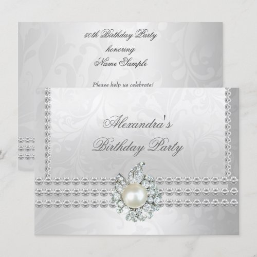 Elegant Birthday Party Silver White Diamond Pearl 4.5x6.25 Paper Invitation Card
