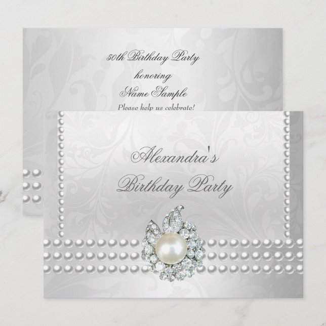 Elegant Birthday Party Silver White Diamond Pearls Invitation (Front/Back)