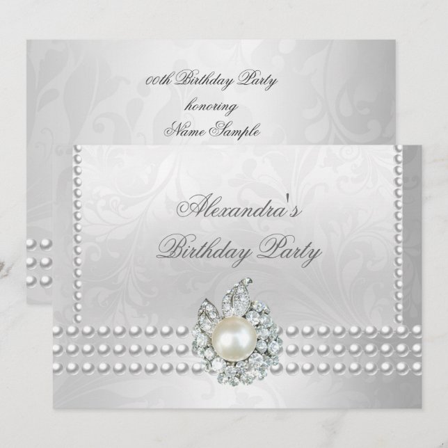 Elegant Birthday Party Silver White Diamond Pearls Invitation (Front/Back)