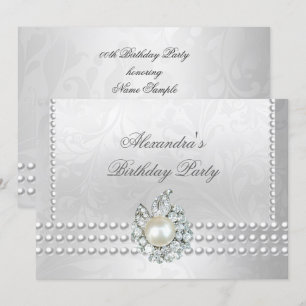 Elegant Birthday Party Silver White Diamond Pearls Invitation
